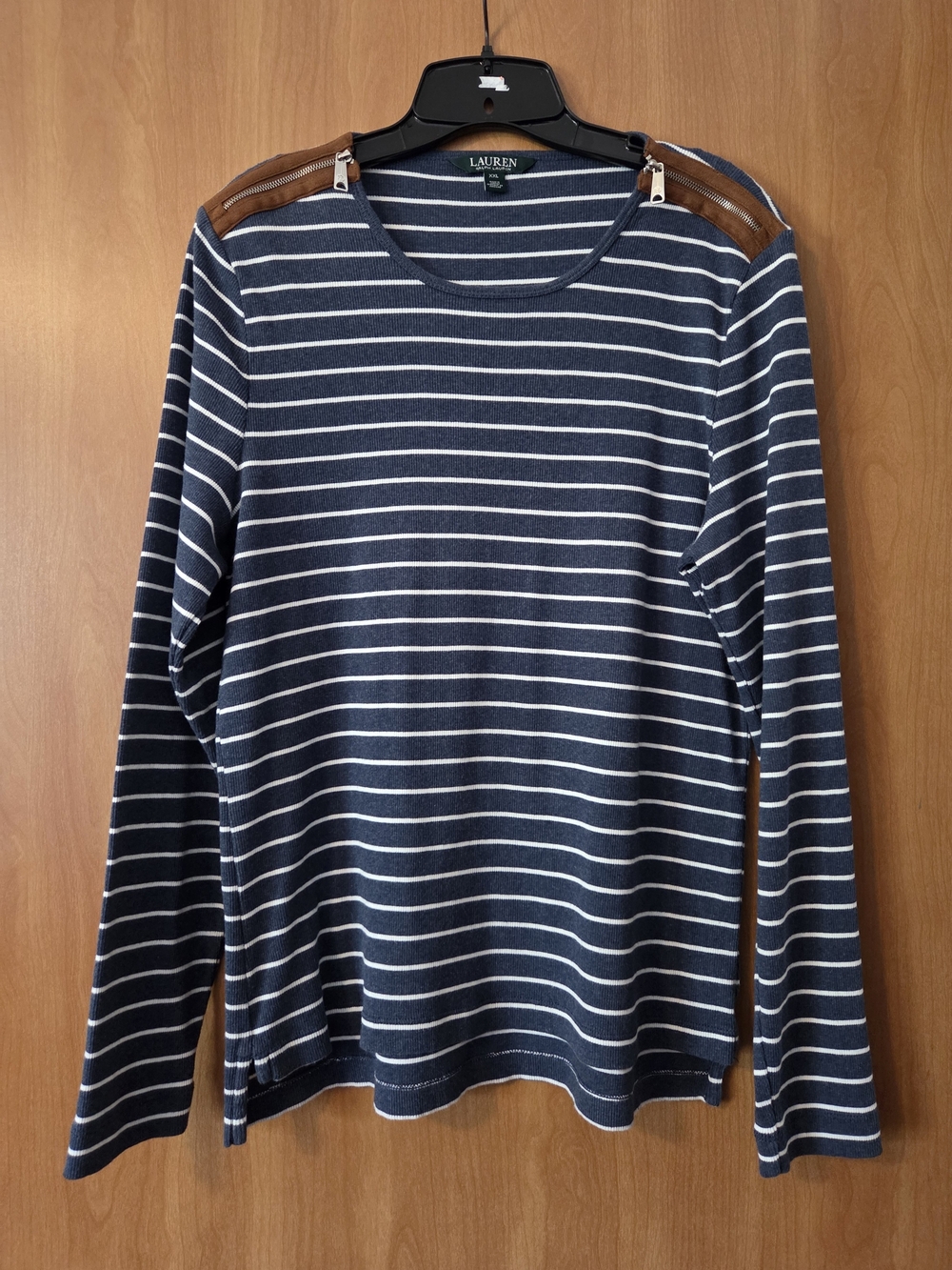 LAUREN RL Navy and White Striped Long Sleeve with Brown Shoulder Accents XXL